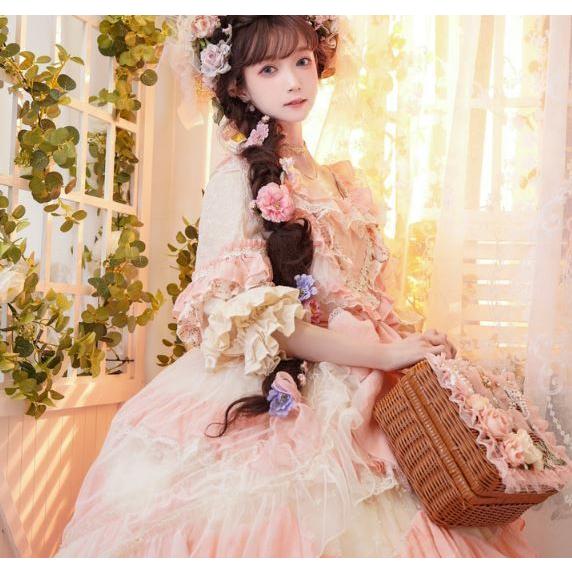 【M即納あり】ロリータ服 ロリータファッション ドレスワンピース 春夏 ワンピースのみ 七分袖 フリル袖 パフスリーブ 姫袖 花嫁 ウエディングドレスの画像