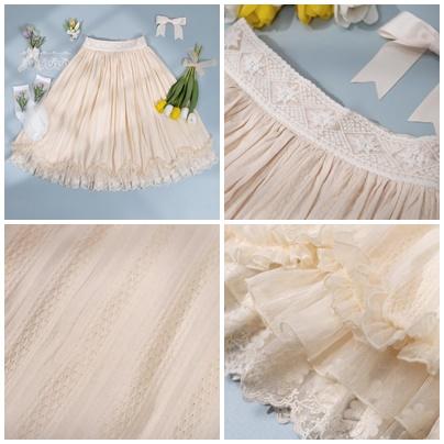 【納期40日】ロリータ服 ロリータファッションスカート 5色 miss point 春秋 春夏 ミディアム丈 ひざ丈 フレア レース シフォン 花柄の画像