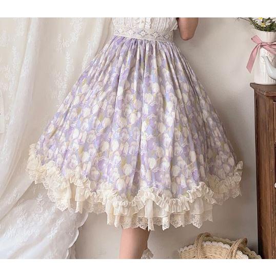 【納期40日】ロリータ服 ロリータファッションスカート 5色 miss point 春秋 春夏 ミディアム丈 ひざ丈 フレア レース シフォン 花柄の画像