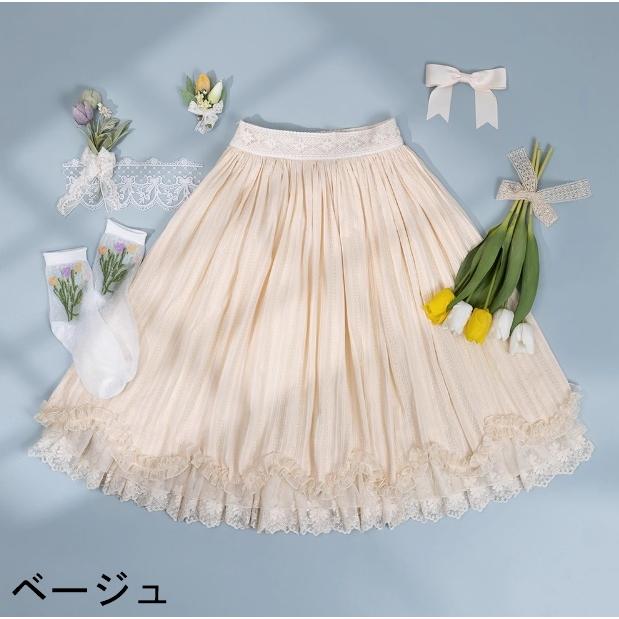 【納期40日】ロリータ服 ロリータファッションスカート 5色 miss point 春秋 春夏 ミディアム丈 ひざ丈 フレア レース シフォン 花柄の画像