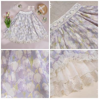 【納期40日】ロリータ服 ロリータファッションスカート 5色 miss point 春秋 春夏 ミディアム丈 ひざ丈 フレア レース シフォン 花柄の画像