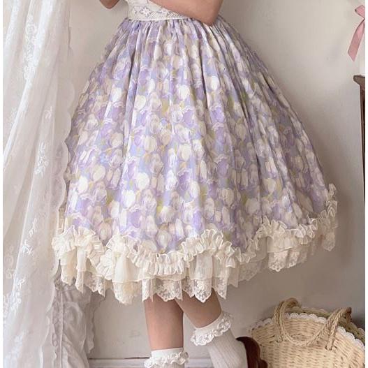 【納期40日】ロリータ服 ロリータファッションスカート 5色 miss point 春秋 春夏 ミディアム丈 ひざ丈 フレア レース シフォン 花柄の画像