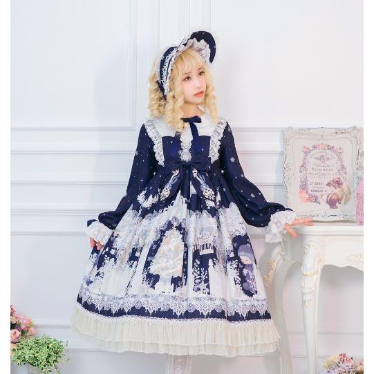 ドレスワンピース unideer ワンピースのみ 長袖 クマ くま テディベア ドール ミディアム丈 ミモレ丈 フレア レース リボン 甘ロリ 姫ロリ ふんわり お姫様_6