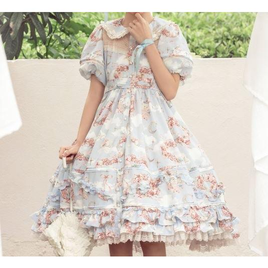 うさちゃん 小花柄ワンピース Little Plum 甘ロリ 半袖 ビジュー プリント 総柄 パフスリーブ ワンピースのみ ミディアム丈 ひざ丈 フレア リボン レース フリルの画像