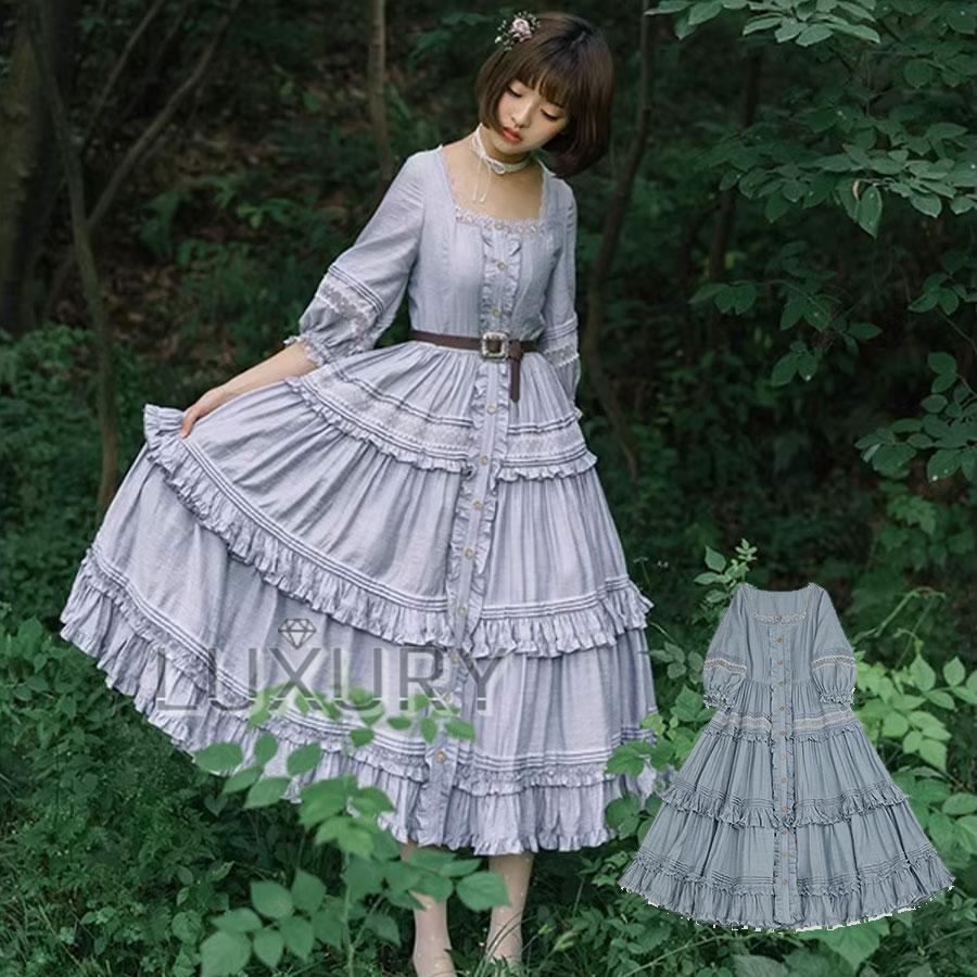 ワンピース 2色 甘ロリ カントリー レトロ ロング丈 フリル 七分袖