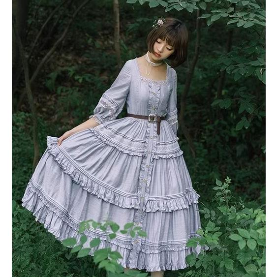 ワンピース 2色 甘ロリ カントリー レトロ ロング丈 フリル 七分袖