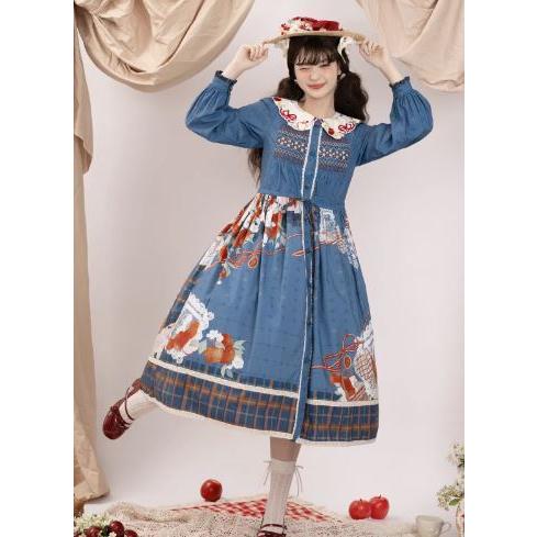 【栀】LO8 lolita オリジナル jsk ロリータ ワンピース りんごワンピース 2色 Lo−cyan lolita JSK プリント ホワイト