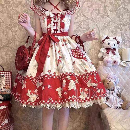 いちご柄ジャンスカ 春夏 ノースリーブ フリル JSKのみ いちご柄ジャンスカ 春夏 ノースリーブ フリル JSKのみ