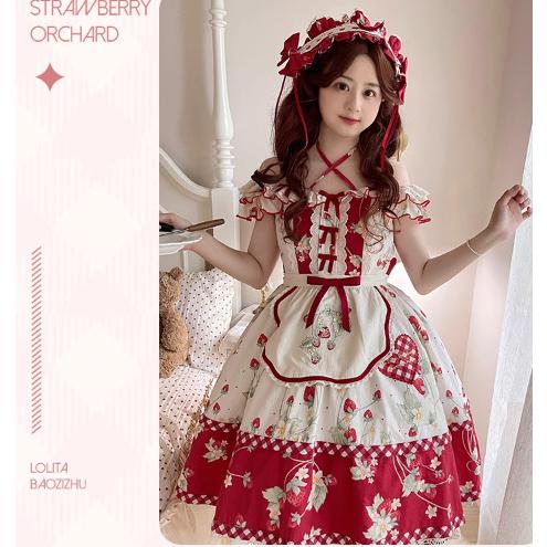 いちご柄ジャンスカ 春夏 ノースリーブ フリル JSKのみ いちご柄ジャンスカ 春夏 ノースリーブ フリル JSKのみ
