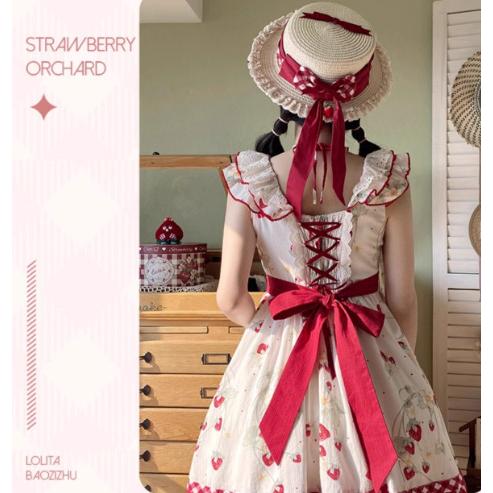 いちご柄ジャンスカ 春夏 ノースリーブ フリル JSKのみ いちご柄ジャンスカ 春夏 ノースリーブ フリル JSKのみ