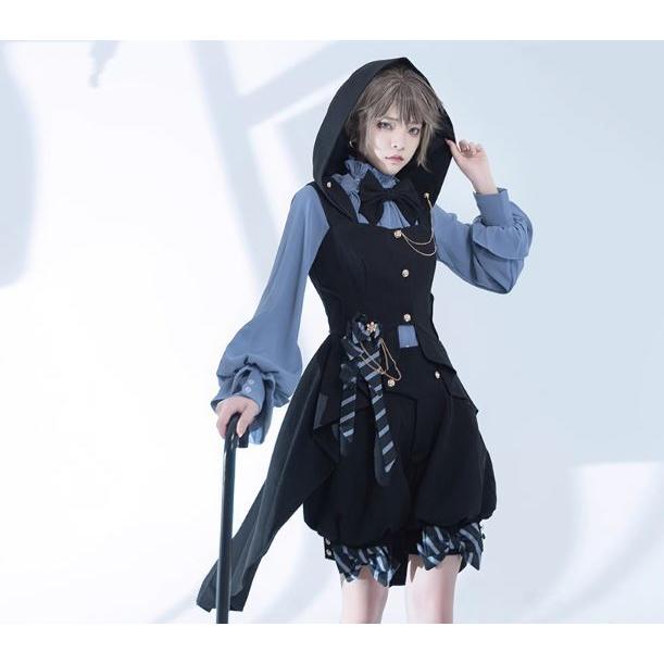 フリルリボン宝石兎　青紺色長袖シャツ　ネイビーブルー　ゴシックロリータ メンズ ALICE and the PIRATES - フリルリボン宝石兎 青紺色長袖シャツ