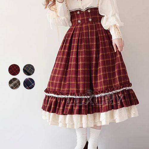 納期40日】ロリータ スカート チェック柄 ハイウエスト ミディアム丈