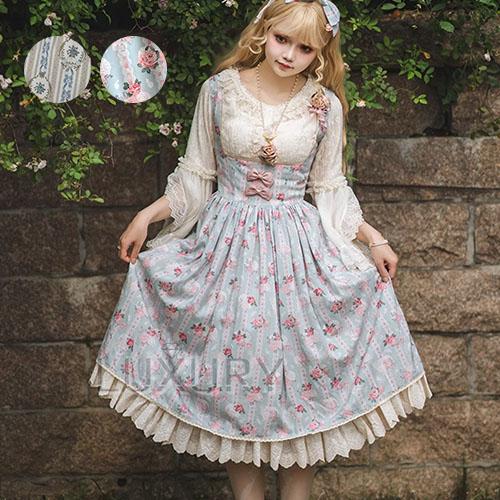 可愛い♡ BODY LINE 花×リボン柄 ノースリ ひざ丈ワンピース ロリータ 納期40日】ロリータワンピース ジャンパースカート+リボンブローチ 2点