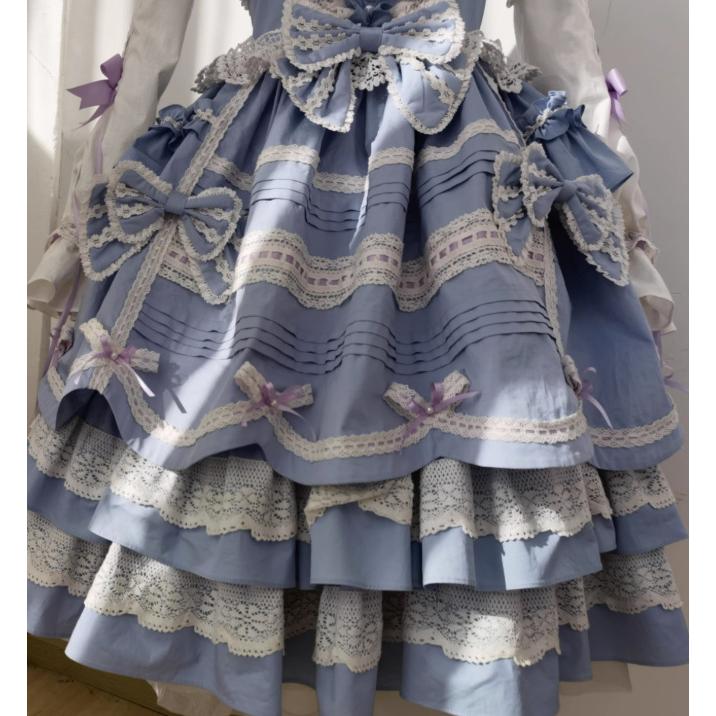 ロリータファッション ジャンパースカート のみ 5色 リボン たっぷりフリル 膝丈  ひざ丈 ミディアム お嬢様 童話風 スウィート かわいい 秋服 イベント 撮影の画像