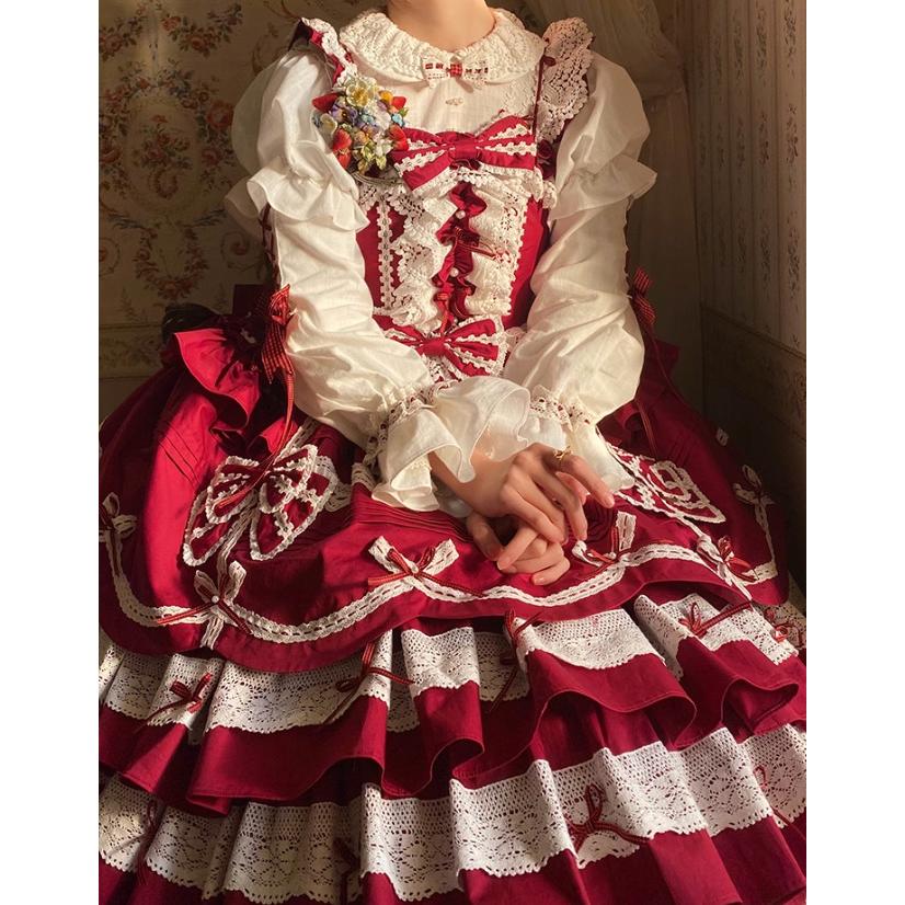 ロリータファッション ジャンパースカート のみ 5色 リボン たっぷりフリル 膝丈  ひざ丈 ミディアム お嬢様 童話風 スウィート かわいい 秋服 イベント 撮影の画像