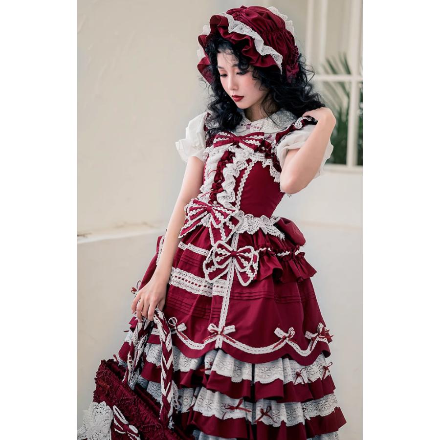 ロリータファッション ジャンパースカート のみ 5色 リボン たっぷりフリル 膝丈  ひざ丈 ミディアム お嬢様 童話風 スウィート かわいい 秋服 イベント 撮影の画像
