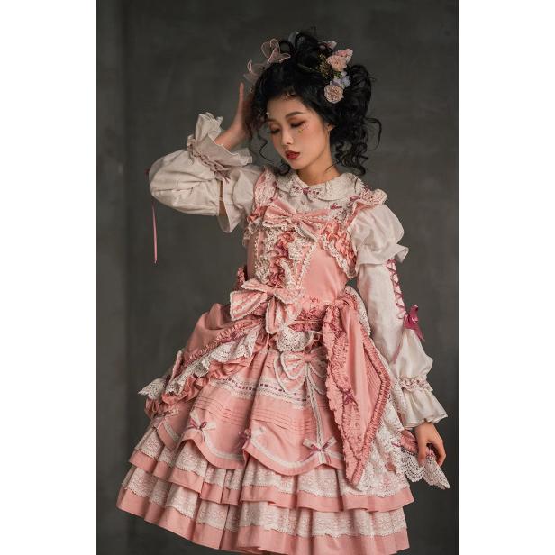 ロリータファッション ジャンパースカート のみ 5色 リボン たっぷりフリル 膝丈  ひざ丈 ミディアム お嬢様 童話風 スウィート かわいい 秋服 イベント 撮影の画像