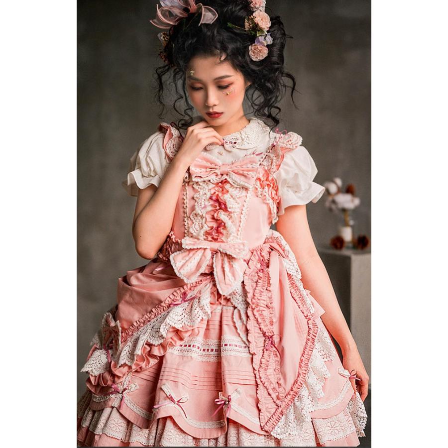ロリータファッション ジャンパースカート のみ 5色 リボン たっぷりフリル 膝丈  ひざ丈 ミディアム お嬢様 童話風 スウィート かわいい 秋服 イベント 撮影の画像