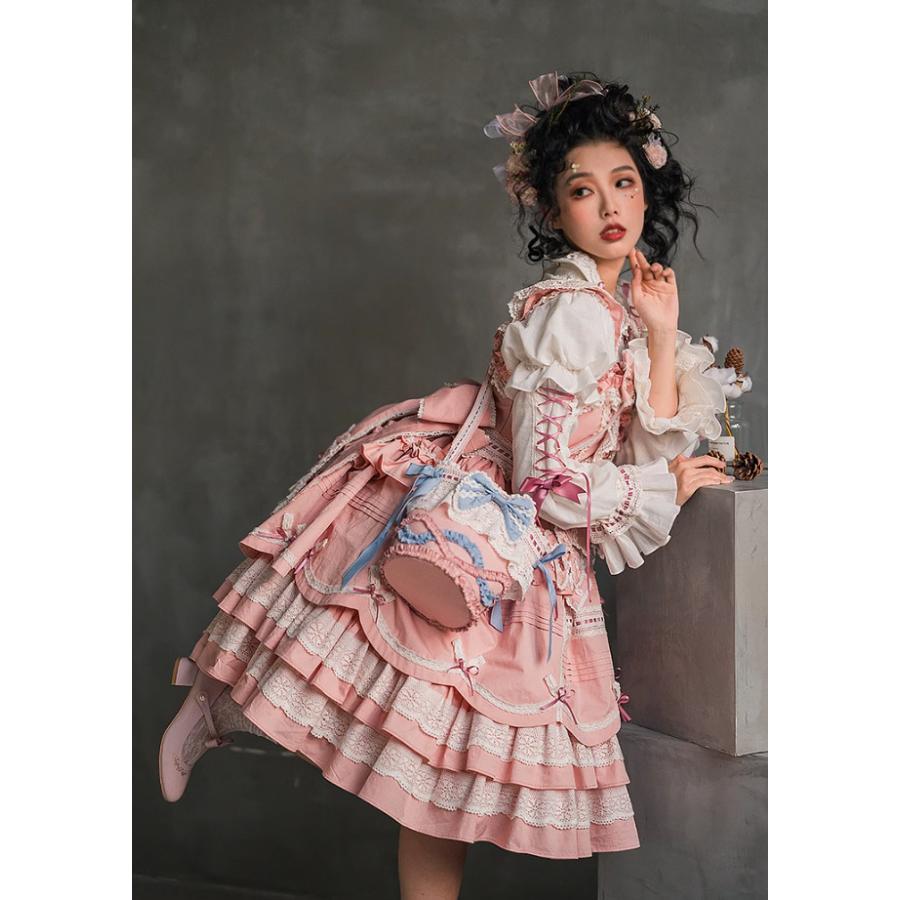 ロリータファッション ジャンパースカート のみ 5色 リボン たっぷりフリル 膝丈  ひざ丈 ミディアム お嬢様 童話風 スウィート かわいい 秋服 イベント 撮影の画像