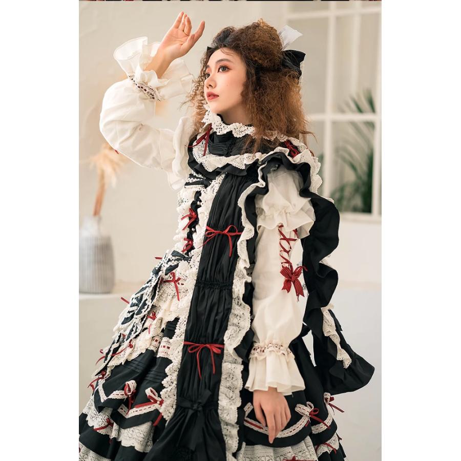 ロリータファッション ジャンパースカート のみ 5色 リボン たっぷりフリル 膝丈  ひざ丈 ミディアム お嬢様 童話風 スウィート かわいい 秋服 イベント 撮影の画像