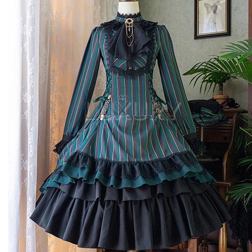 納期40日】ロリータ ワンピース のみ ストライプ 長袖 立ち襟