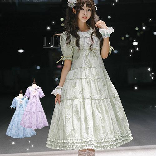 ロリータファッション ワンピース のみ 4色 花柄 お花 半袖 ひざ下丈