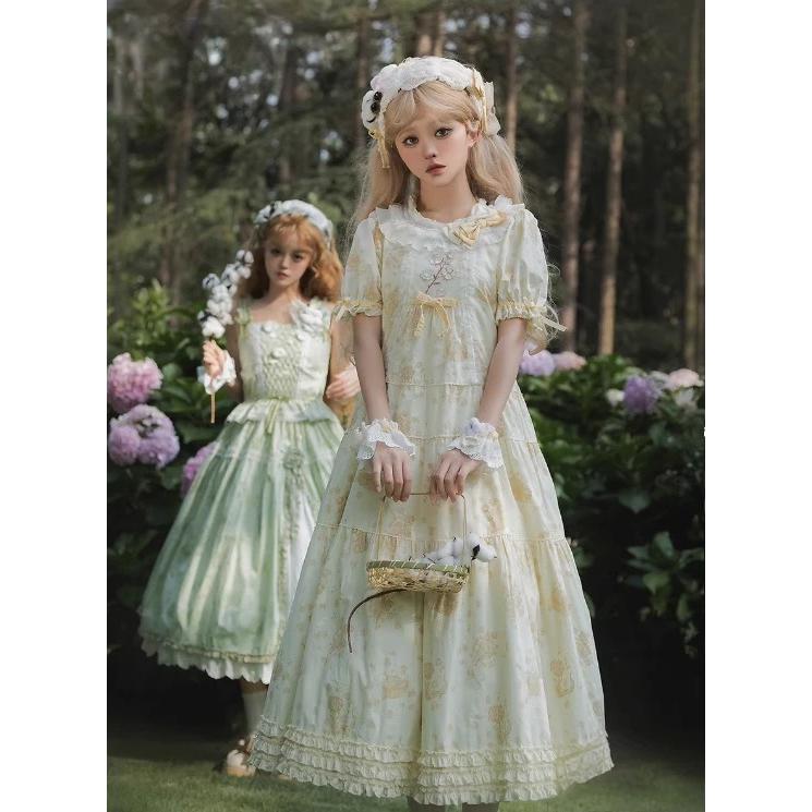ロリータ ホワイトリリーワンピース グリーン 花柄 クラロリ クラシカルホワイトxグリーンフリルロリータワンピース | Maiden's Rêve