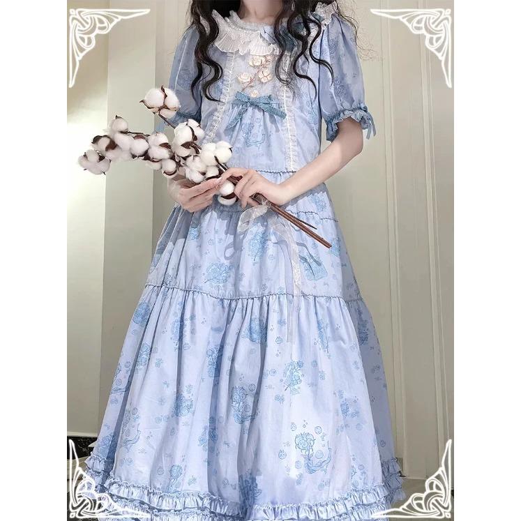 ロリータファッション ワンピース のみ 4色 花柄 お花 半袖 ひざ下丈