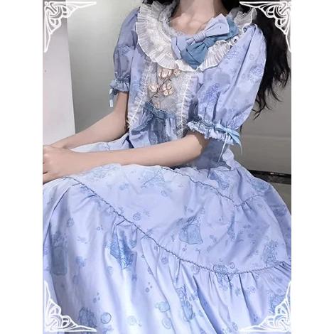 ロリータファッション ワンピース のみ 4色 花柄 お花 半袖 ひざ下丈