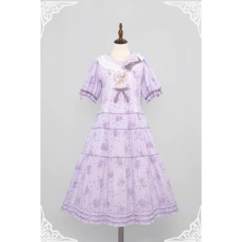 ロリータファッション ワンピース のみ 4色 花柄 お花 半袖 ひざ下丈