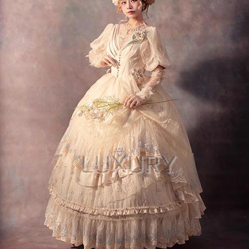 ロリータドレス のみ 2色 ロング丈 半袖 シフォン レース フリル