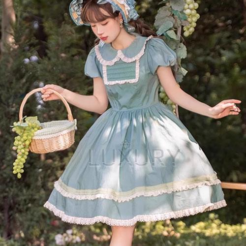 ロリータファッション ワンピース のみ ひざ丈 無地 レース 半袖 森