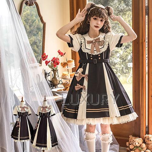 甘ロリ 半袖ワンピース のみ 2タイプ フリル リボンタイ付き 半袖