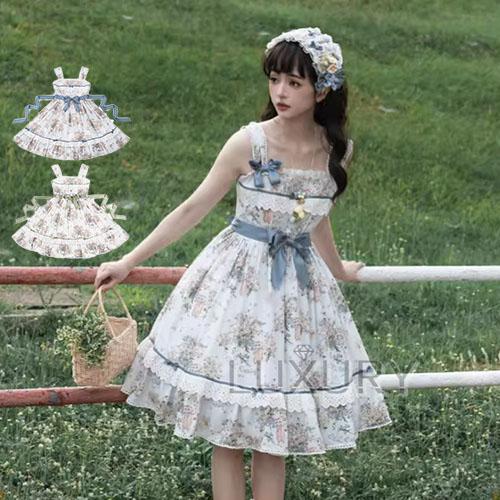 甘ロリ ジャンパースカート のみ 2色 花柄 お花 フリル 膝丈 ひざ丈