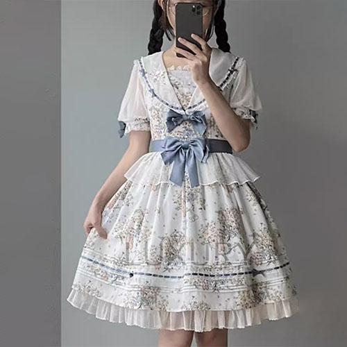 甘ロリ ワンピース のみ 2色 2タイプ チュール 花柄 お花 半袖 りぼん