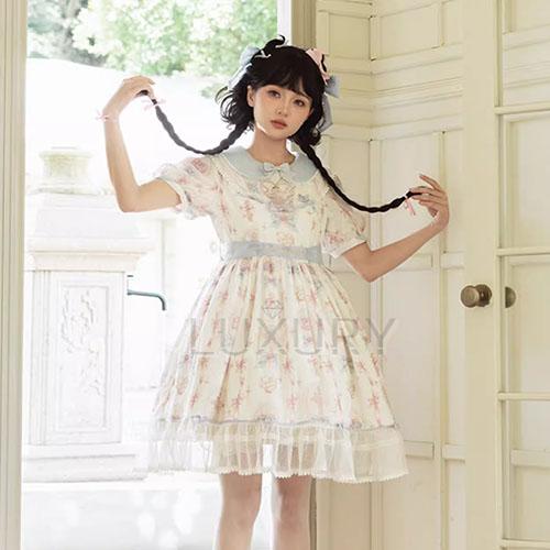 甘ロリ ワンピース のみ 半袖 プリント りぼん フリル レース