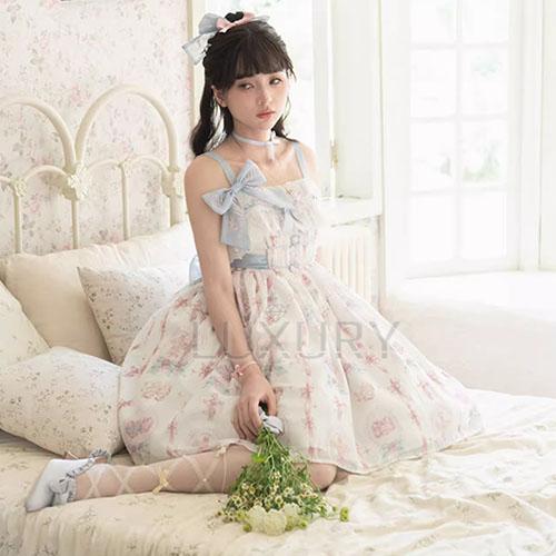 甘ロリ ジャンパースカート のみ プリント りぼん フリル レース ミニ