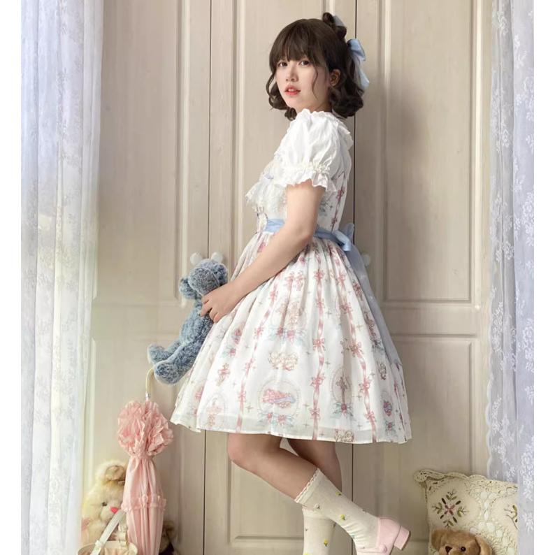 甘ロリ ジャンパースカート のみ プリント りぼん フリル レース ミニ