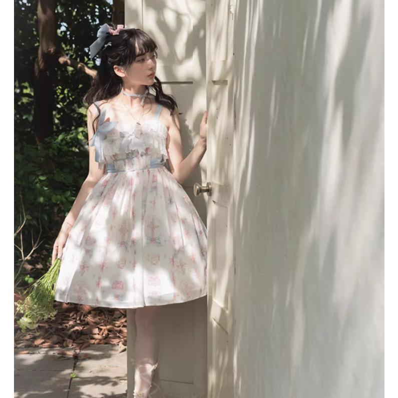 甘ロリ ジャンパースカート のみ プリント りぼん フリル レース ミニ