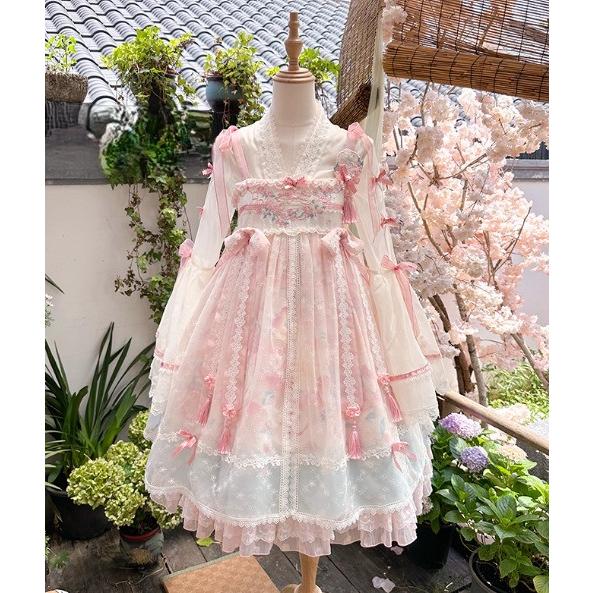 華ロリ 中華ロリ ジャンパースカート のみ ハイウエスト 花柄 お花 膝