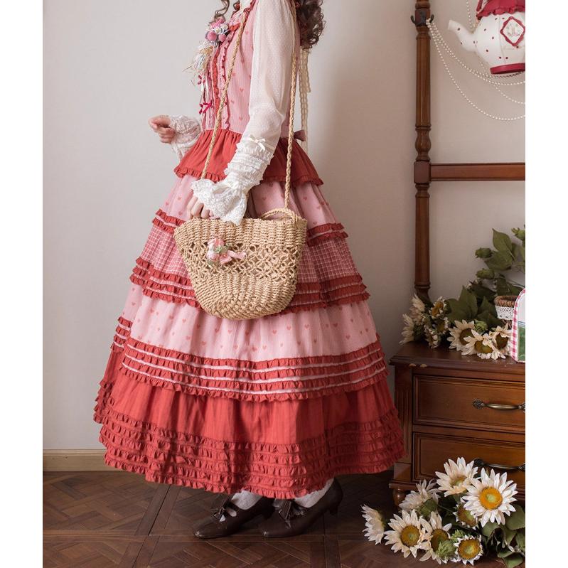 ロリータ ピンク ジャンスカ 甘ロリ 華ロリ 【シュガーガール】 納期40日】甘ロリ ジャンパースカート のみ パッチワーク ロング丈 森