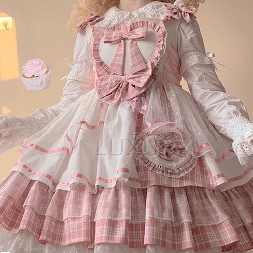 甘ロリ ジャンパースカート のみ チェック柄 ハート フリル ミニ丈