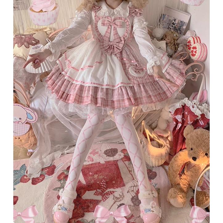 甘ロリ ジャンパースカート のみ チェック柄 ハート フリル ミニ丈