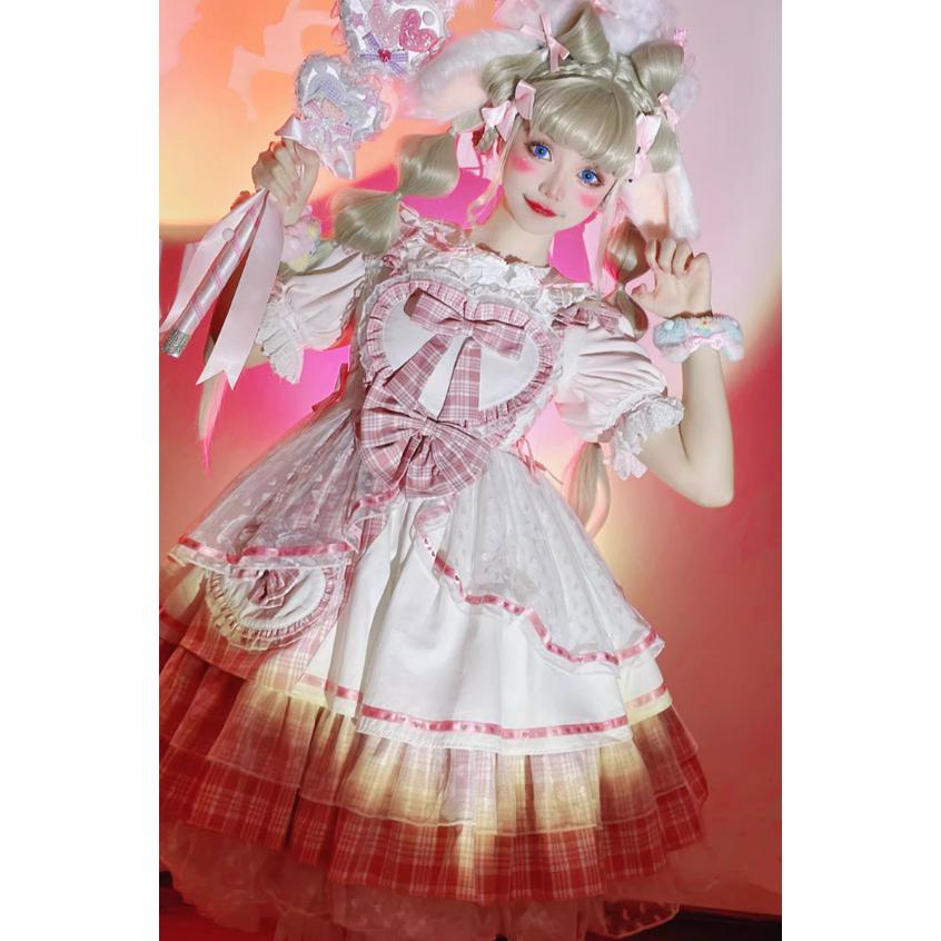 甘ロリ ジャンパースカート のみ チェック柄 ハート フリル ミニ丈