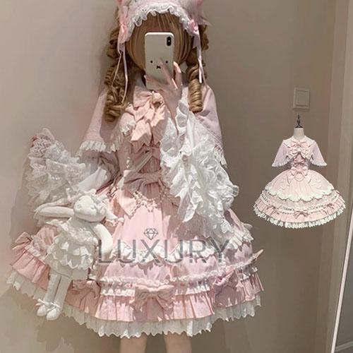 M即納 甘ロリ ジャンパースカート+ケープ+リボン 春夏 フリル