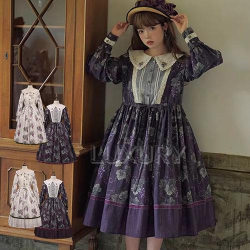 Little Dipper クラシカルロリータワンピース グレーパープル XXL クラシカルロリータ クラロリ ワンピース のみ 葡萄 ぶどう柄 ひざ下丈