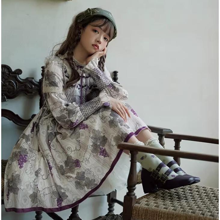 クラシカルロリータ ワンピース のみ 2丈 葡萄 ぶどう柄 長袖 レトロ