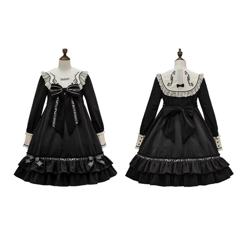 InnocentWorld クラロリ 膝下ロングワンピース 黒白 y2kロリータ クラシカルロリータ クラロリ ワンピース のみ サックドレス 膝丈 ひざ