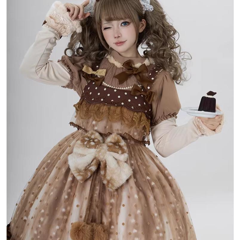 BABY バンビ柄　ジャンパースカート　茶色 甘ロリ ジャンパースカート のみ 2色 リボン付 ドット柄 バンビ ドール