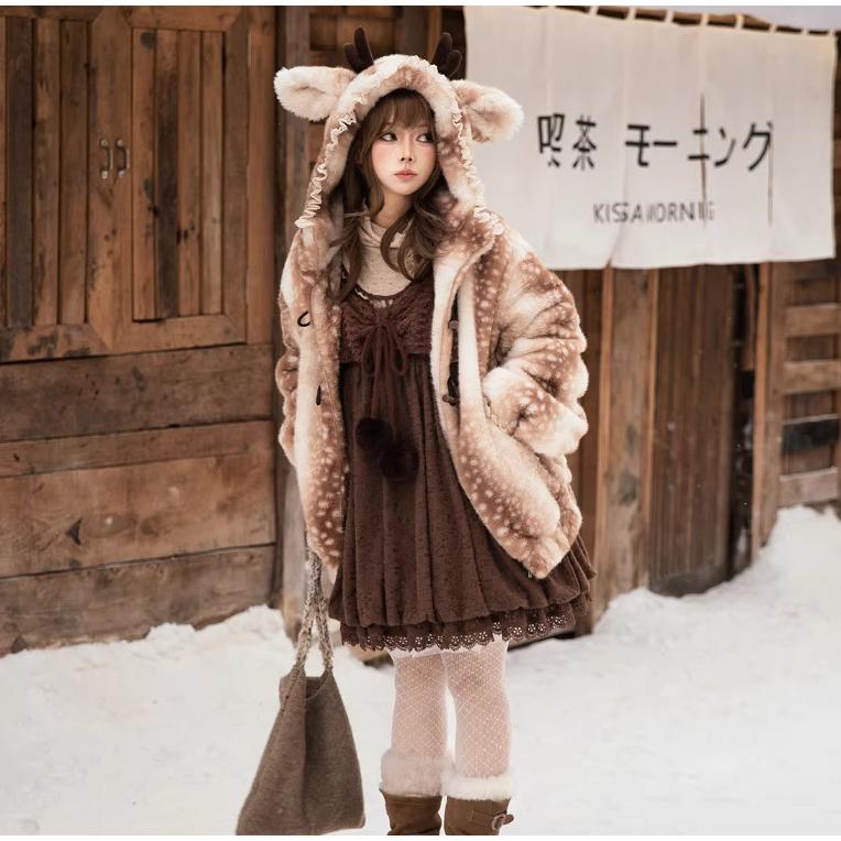 リ*リ様 限定価格希少 y2k MILK バンビ柄 ファーコート 森ガール ウィ ロリータファッション 甘ロリ フード付き ダッフル風 フェイクファー